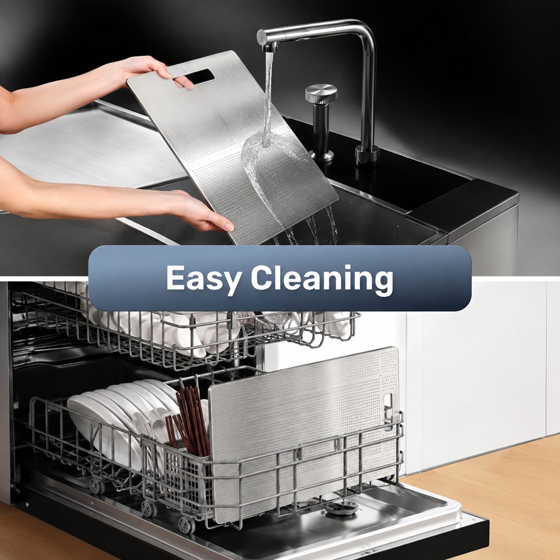 Rinsing the KatuChef titanium cutting board clean under running water