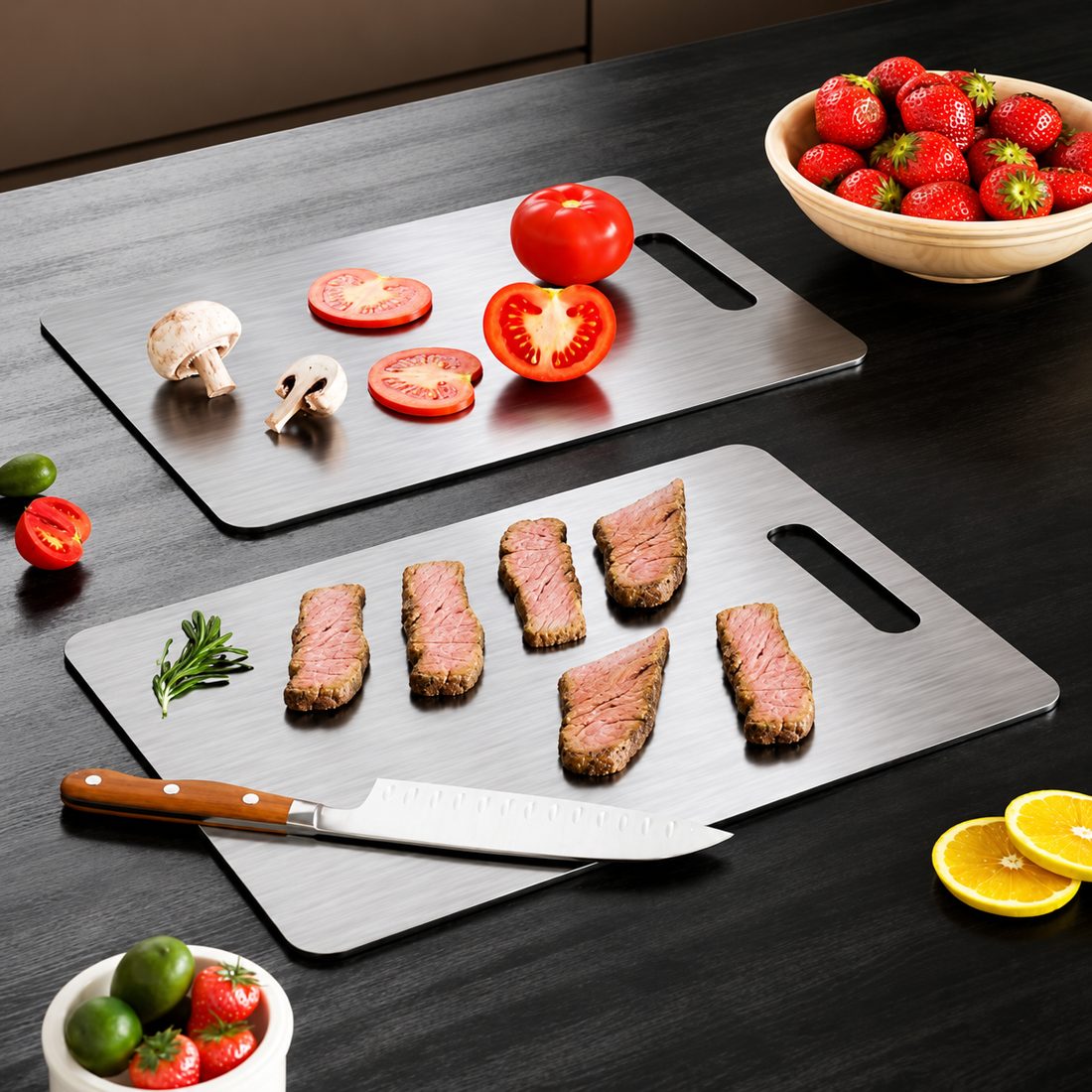 Chopping fresh herbs and vegetables on the KatuChef titanium board