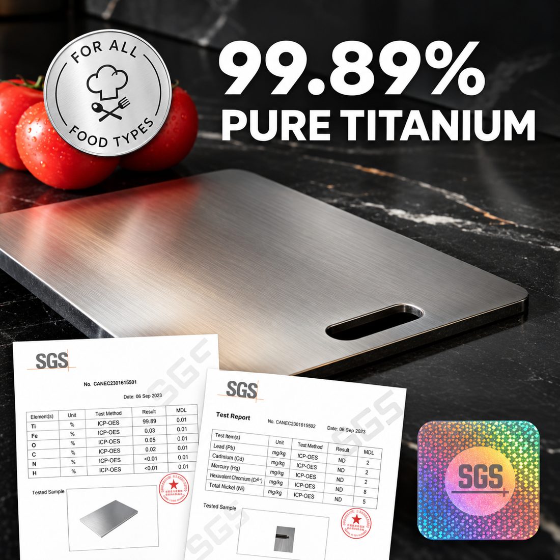 Close-up detail of the 99.89% pure titanium surface of the KatuChef board